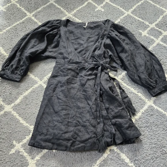 FREE PEOPLE Black Linen Carino Mini Wrap Dress Small Petite - Picture 3 of 14